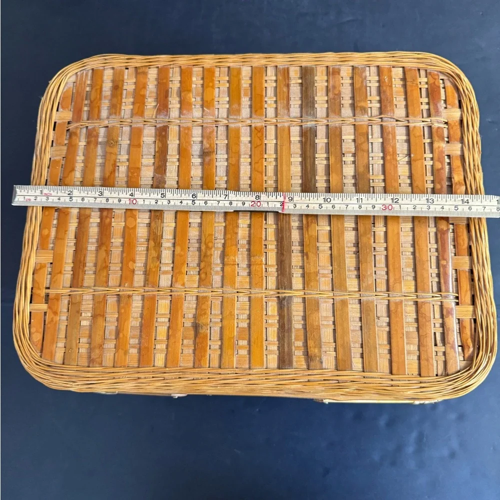Large Vintage Handmade tan rattan picnic basket with handles.